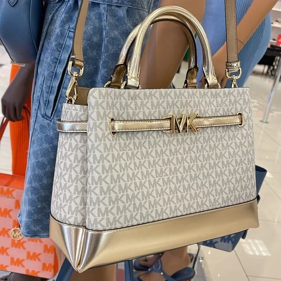 MICHAEL KORS 
Reed Large CZ Graphic Logo Belted Satchel
Vanilla /Pale Gold 
NWT - Picture 2 of 16